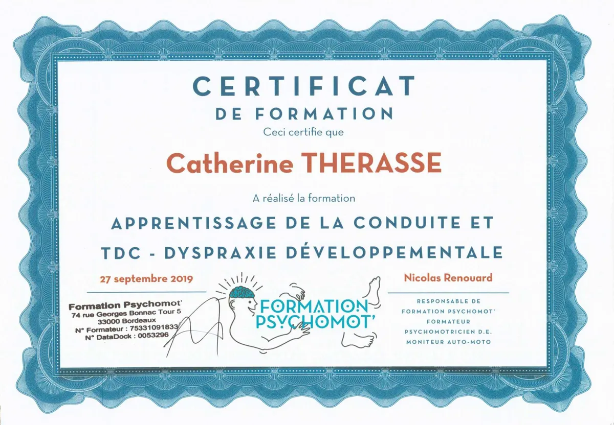 Certificat de formation « Apprentissage de la conduite et TDC » de Catherine