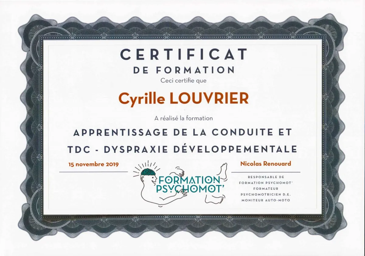Certificat de formation « Apprentissage de la conduite et TDC » de Cyrille