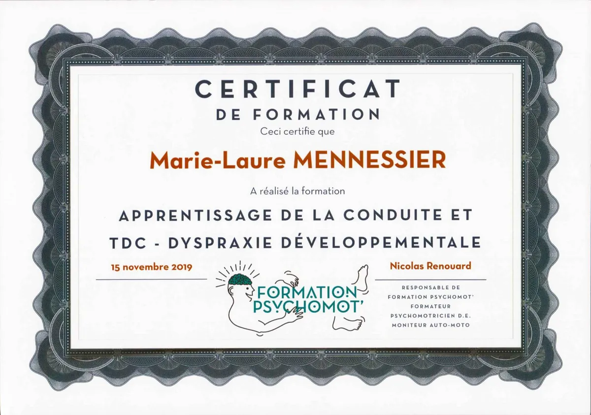 Certificat de formation « Apprentissage de la conduite et TDC » de Marie-Laure