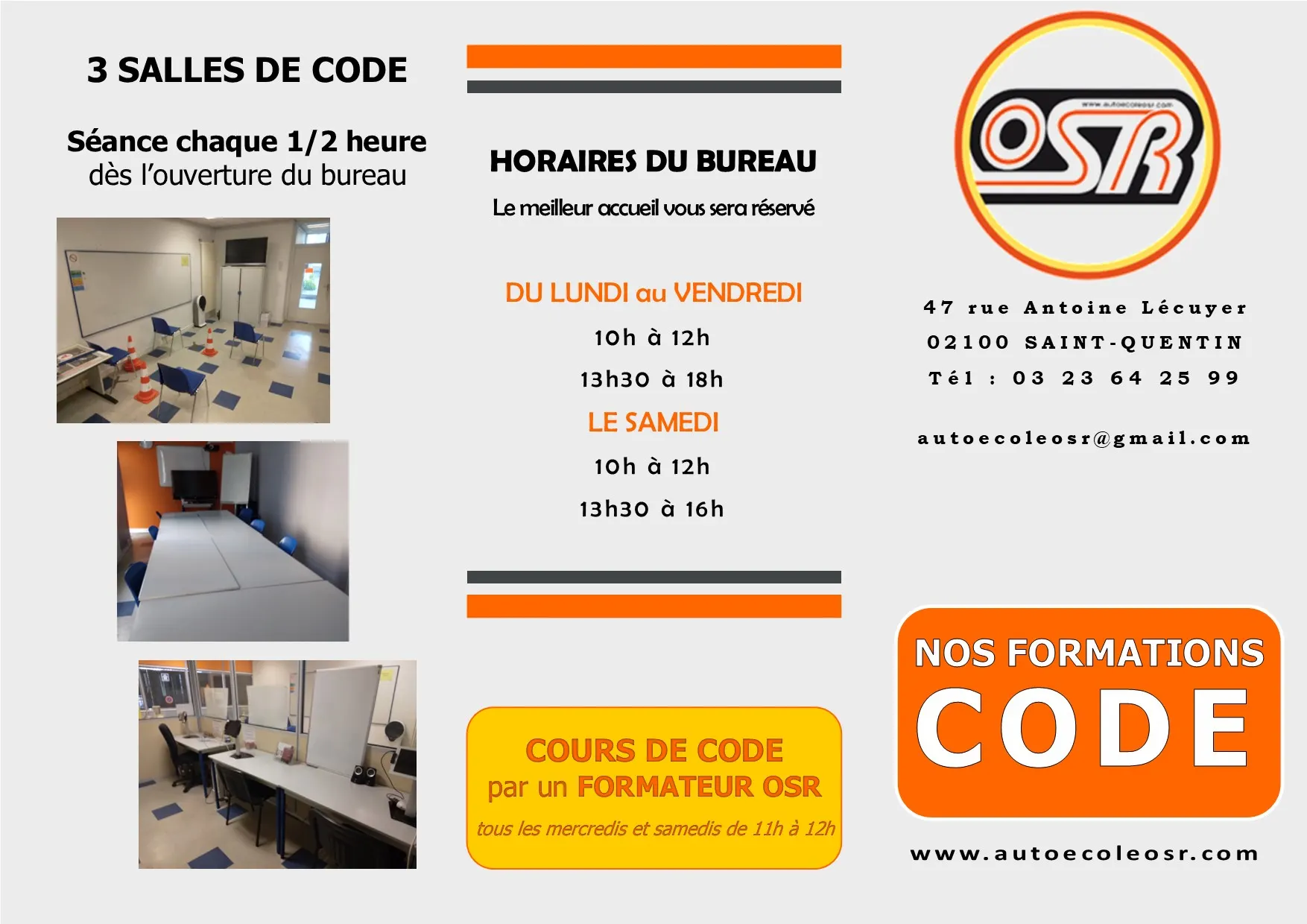Fiche « Nos formations code » : 3 salles de code, horaires, contact